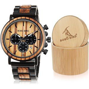Men’s Wood & Stainless Steel Watch with Analog Watches with Gift Box-Brown